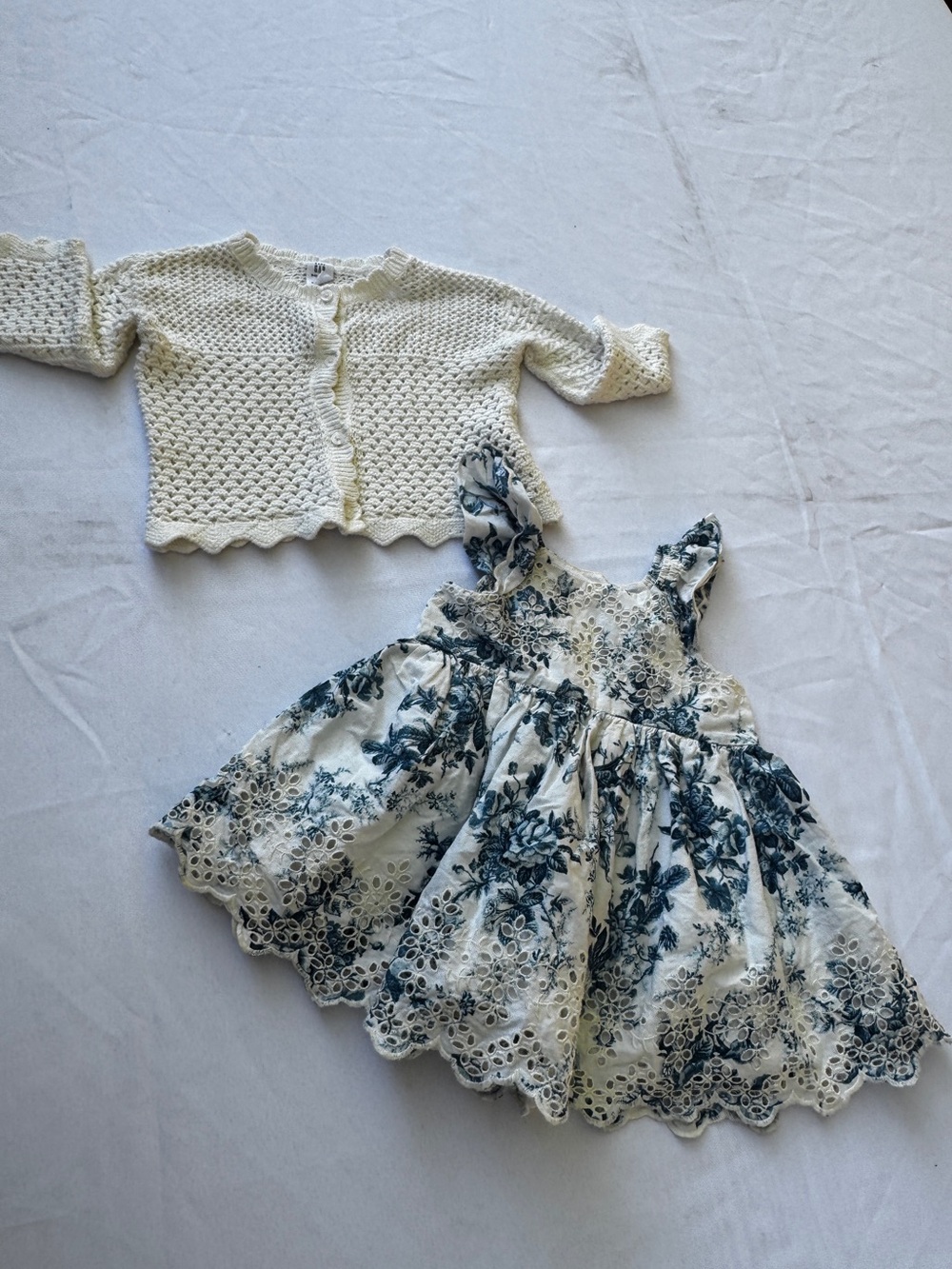 GAP White Dress with Blue Floral Eyelet & Cream Knit Cardigan 12-18 months